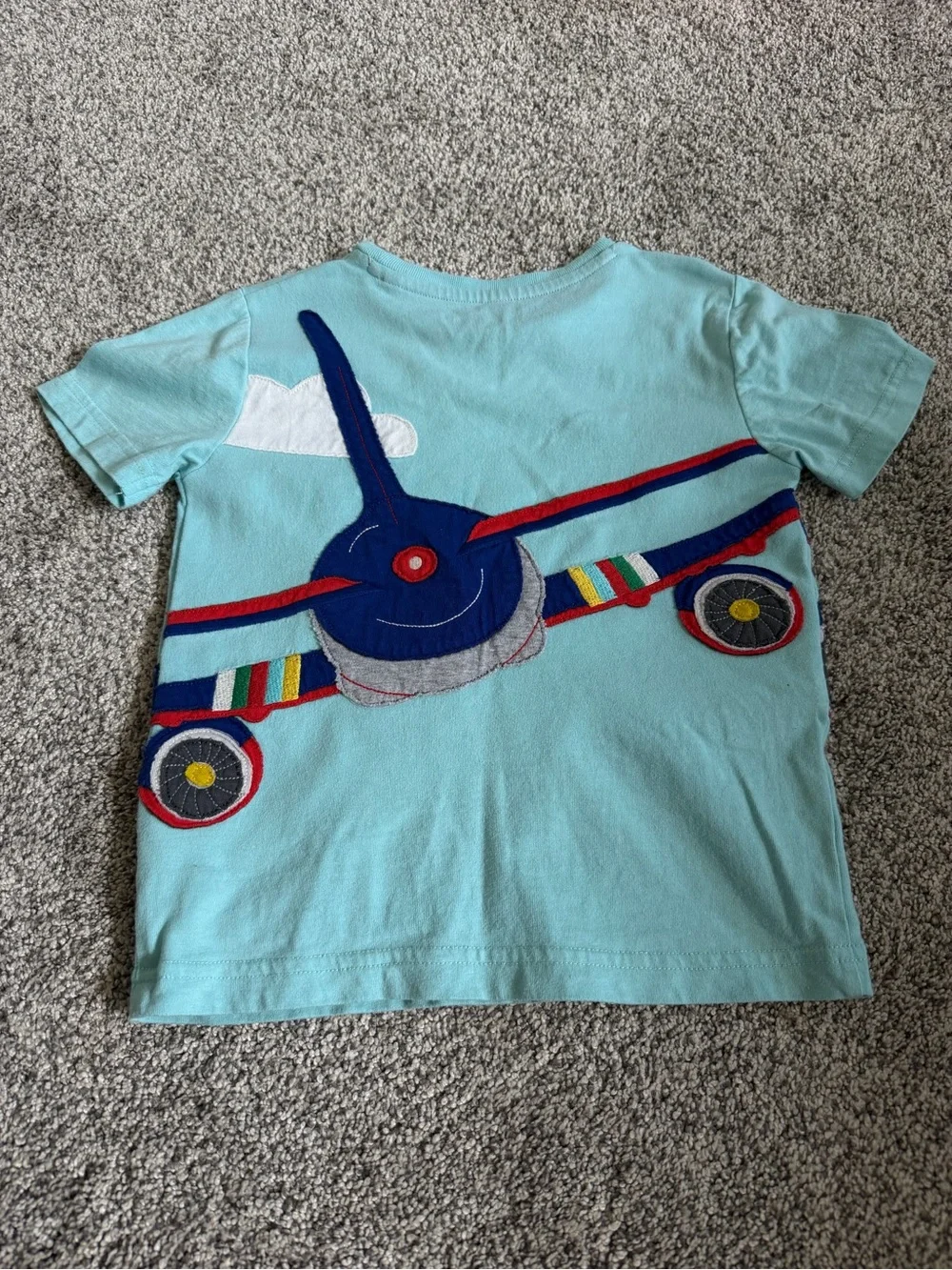 Mini Boden Light Blue Kids Plane Graphic Tee with Friendly Characters
